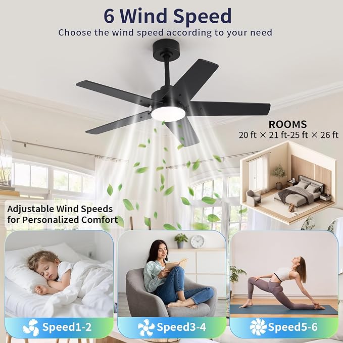 42 Inch Ceiling Fans with Lights and Remote for Bedroom Living Room Kitchen Home Office Indoor/Outdoor, 6CCT Dimmable, Dual Color 5 Blades, 6 Speed Reversible Quiet DC Motor, Black/Wood Grain