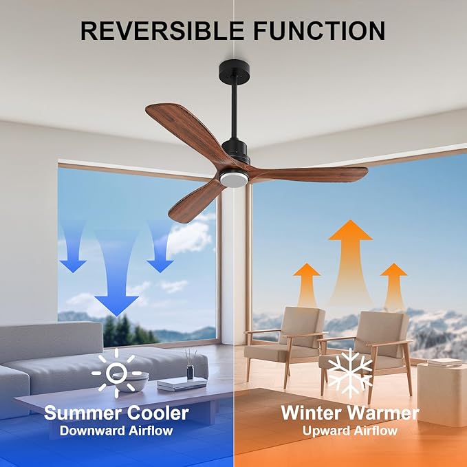Obabala 52 Inch Ceiling Fans with Lights and Remote Control-Outdoor Ceiling Fan Walnut Wood 3 Blade for Bedroom Living Room Indoor Farmhouse Patio, Reversible Noiseless DC Motor