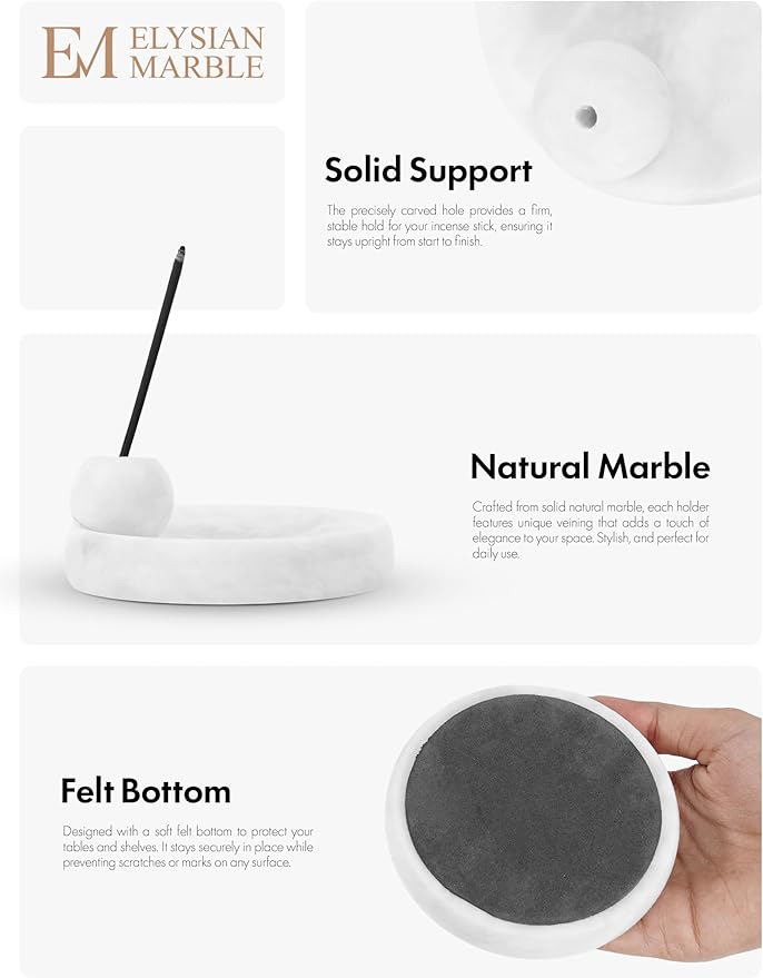 Incense Holder for Sticks, Natural Marble Incense Burner Ash Catcher Plate for Palo Santo, Sage, Meditation, Yoga and Home Decor - White