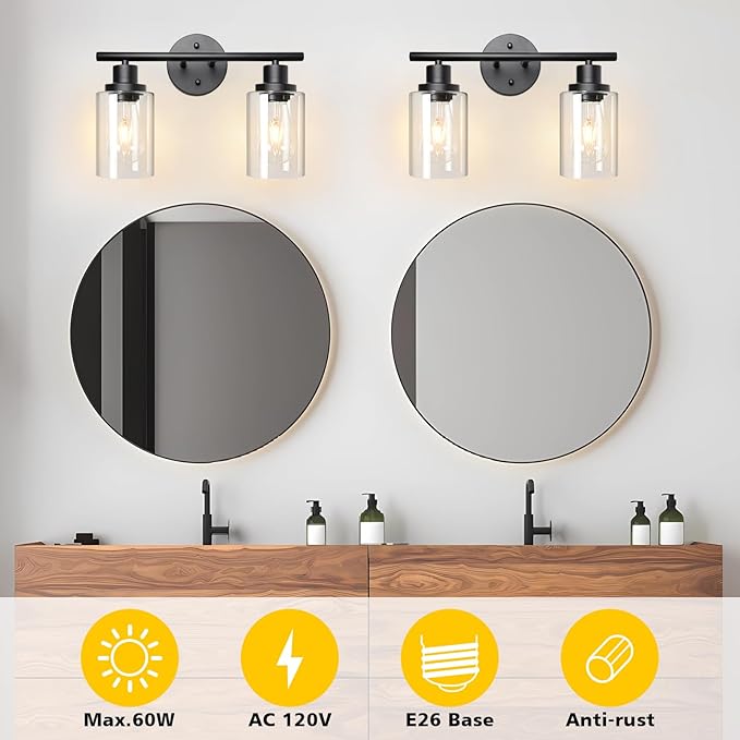 Unicozin 2 Light Vanity Lights, Black Wall Sconce Light with Clear Glass, Bathroom Light Fixtures, Wall Lights for Mirror, Living Room, Bedroom, Hallway, E26 Base (Bulbs Not Included)
