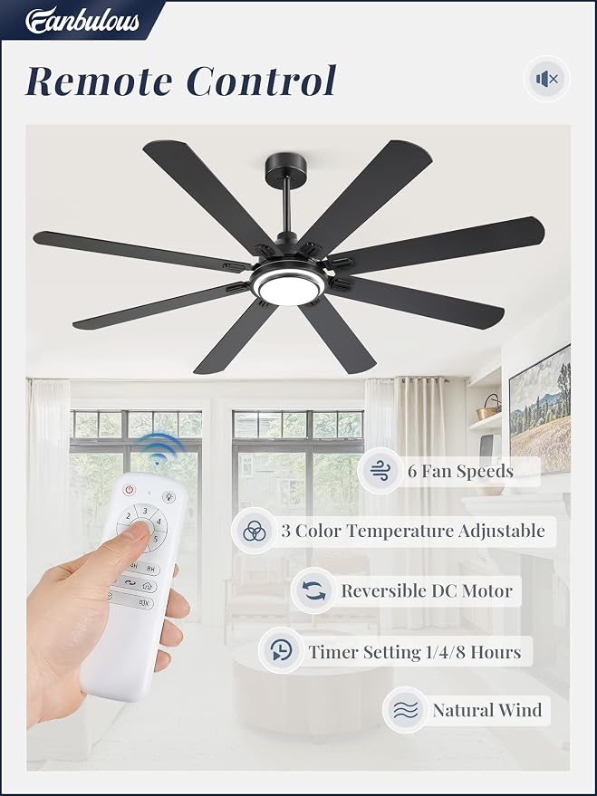 Fanbulous 72 Inch Ceiling Fans with Lights and Remote, Black Ceiling Fan with 8 Dual-Color Blades, Indoor/Outdoor Large Ceiling Fans, Reversible DC Motor, 6-Speed, 3CCT for Living Room Kitchen Patio