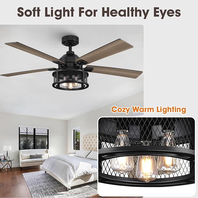 52 Inch Farmhouse Ceiling Fans with Lights and Remote, Outdoor Ceiling Fan with 5 Dual Finish Blades, Black Ceiling Fan with Reversible Quiet Motor for Bedroom, Living Room, Kitchen, Black