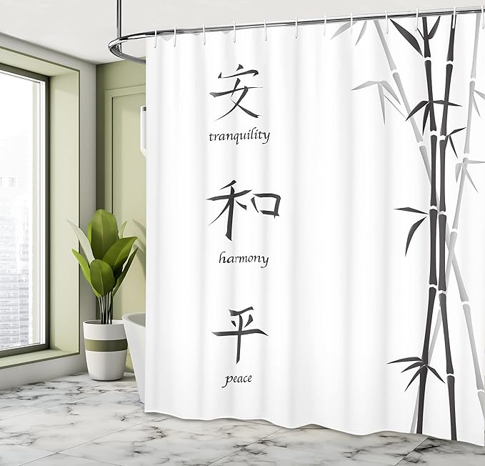 Ambesonne Bamboo Print Shower Curtain, Illustration of Chinese for Tranquility Peace Harmony Plant Pattern, Cloth Fabric Bathroom Decor Set with Hooks, 69" W x 84" L, White Black