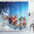 Ambesonne Christmas Shower Curtain, Santa in Sleigh Reindeer and Snowy North Pole Tale Fantasy Image, Cloth Fabric Bathroom Decor Set with Hooks, 69" W x 84" L, Navy Blue