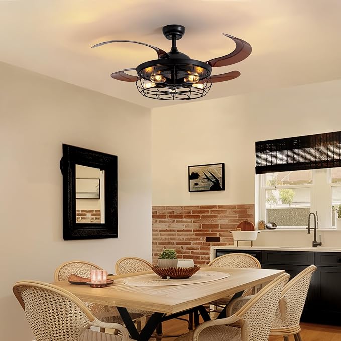 48" Retractable Ceiling Fan with Lights and Remote, Rustic Fandelier Ceiling Fan Black Bladeless Industrial Ceiling Fan for Farmhouse Living Room Dining Room Bedroom Kitchen Garage