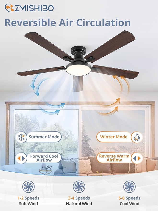 ZMISHIBO 52 Inch Flush Mount Ceiling Fan with Light, Remote&APP, Black | 6-Speed Quiet DC Motor, Dimmable 24W LED with 3CCT (3000K-6500K), Modern Low Profile for Living Room, Bedroom, Kitchen