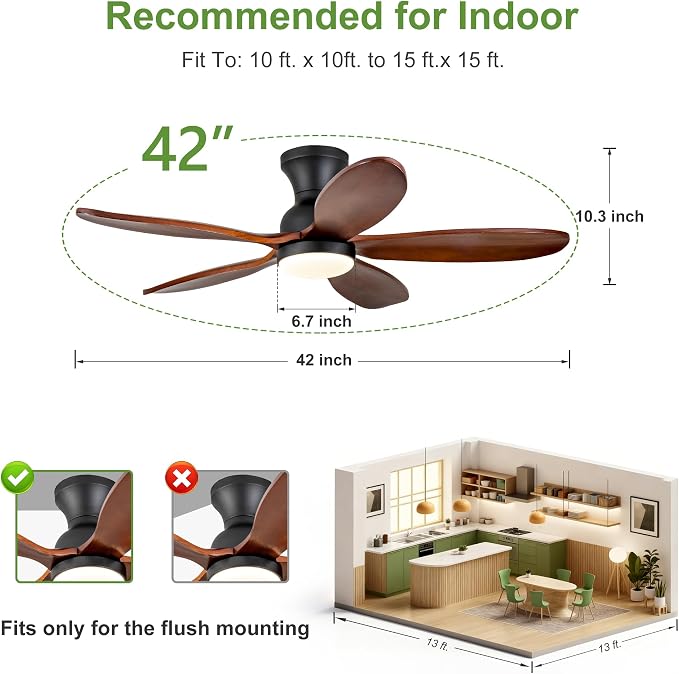 42 Inch Flush Mount ceiling fan with lights,Outdoor Ceiling Fans for Patios,Remote Control,Dimmable,Reversible,Wood Blades,Power-Off Memory,Quiet DC Motor,Modern Hugger Ceiling Fan for Bedroom