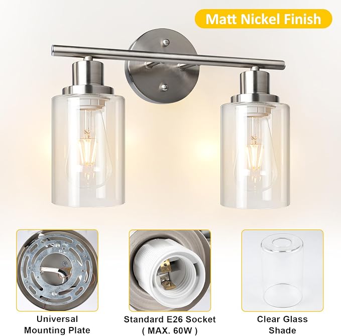 Unicozin 2 Light Vanity Lights, Brushed Nickel Wall Sconce Light with Clear Glass, Bathroom Light Fixtures, Wall Lights for Mirror, Living Room, Bedroom, Hallway, E26 Base (Bulbs Not Included)