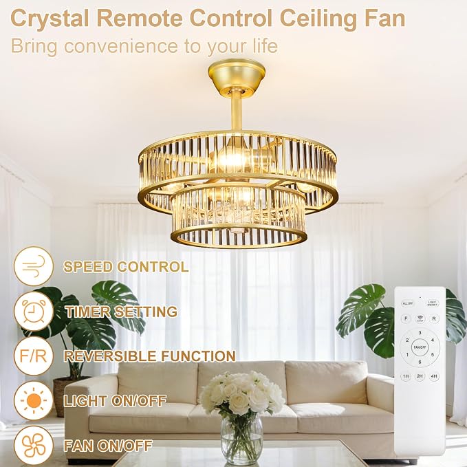 Depuley Bedroom Ceiling Fan with Lights: 20" Gold Chandelier Cagd Fan with Remote Control - Modern Crystal Fandelier for Girl's Bedroom Living Room Nursery (E26 Bulbs Not Included)