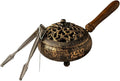 Iron Charcoal Burner with Lid & Wood Handle with Charcoal Tong, 9" Golden Finish, Burner for Incense, Charcoal Burner with Handle, Includes Charcoal Tong