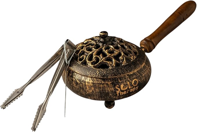 Iron Charcoal Burner with Lid & Wood Handle with Charcoal Tong, 9" Golden Finish, Burner for Incense, Charcoal Burner with Handle, Includes Charcoal Tong