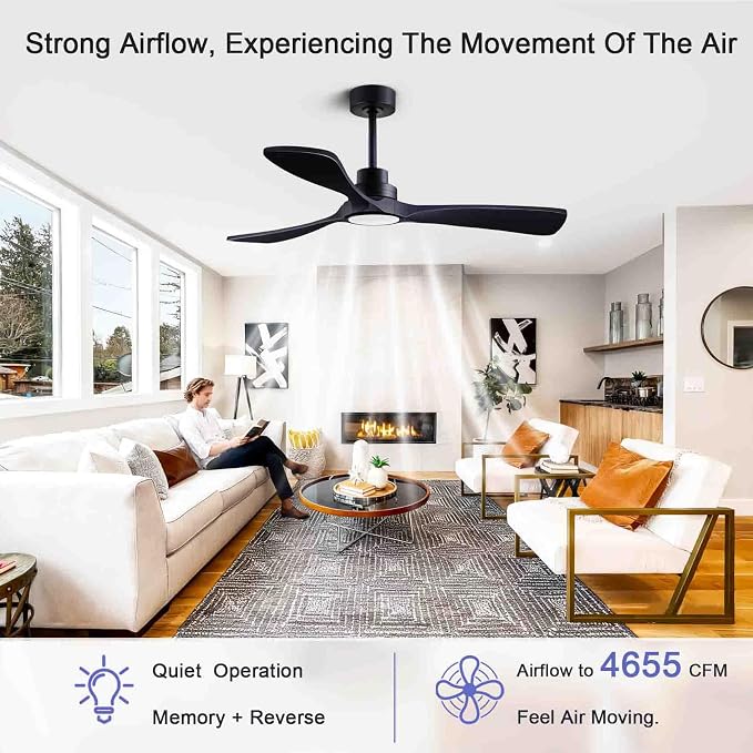 52-inch Silent Ceiling Fan Light with Remote Control, Black Wood Finish. | 3CCT, mobile app, full memory function, for use in living rooms, dining rooms, bedrooms, offices, balconies, and outdoors.