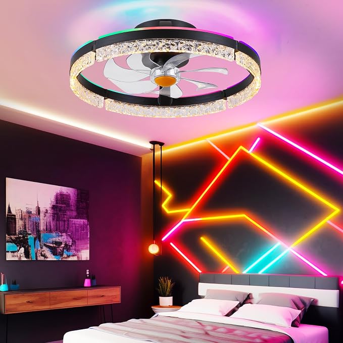 Mpayel 20" Low Profile Ceiling Fan with RGB Light - Modern Bladeless Flush Mount Ceiling Fan with Remote, Quiet DC Motor, 6 Speeds, 3CCT Dimmable LED Light for Kids Room, Bedroom & Bunk Beds