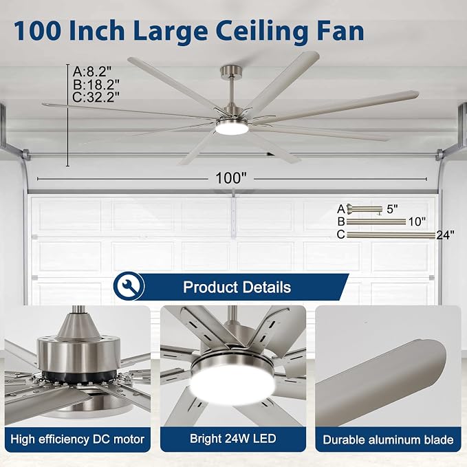 Outdoor Ceiling Fan with Remote: 100 Inch Large Fan - Industrial Ceiling Fan with Light for Patio Shop Garage Brushed Nickel Silver