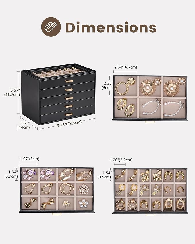 Lolalet Earring Organizer, Jewelry Box with Clear Lid -Black, 5 Layer | PU Leather, Velvet, Removable Dividers, Dustproof, Easy Clean, For Studs Rings, Gift for Women Girls, Home Aesthetic Decor
