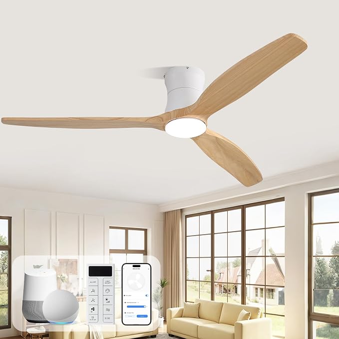 Sofucor 52" Smart Ceiling Fan, Solid Wood Ceiling Fan with Lights and Remote, Flush Mount Ceiling Fan Works with Alexa/Google/App, Dimmable 6-Speed Timing Reversible DC Motor for Bedroom Living Room