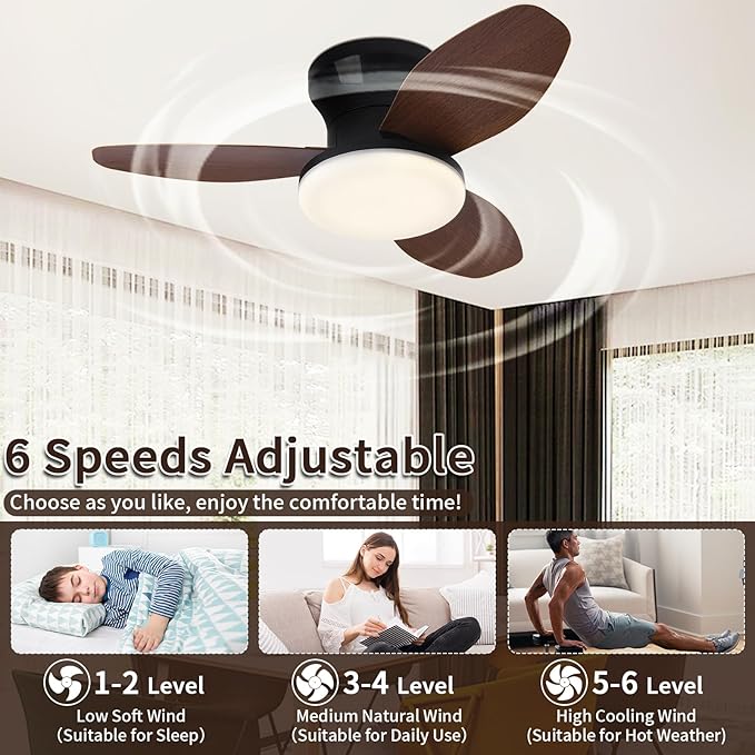Small Ceiling Fan with Lights and Remote, 25 Inch Flush Mount, Reversible Quiet DC Motor, 3 Blades, 6 Wind Speeds, Dimmable LED, Adjustable Color Temperature, Timer