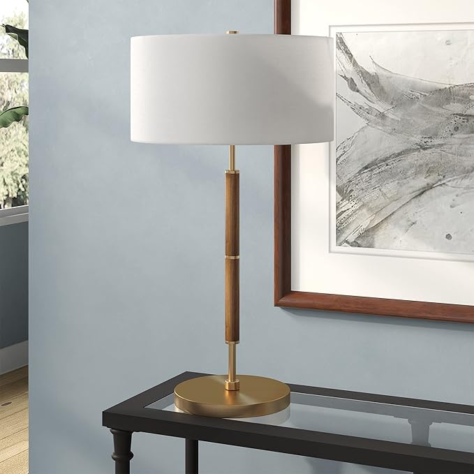 Henn&Hart 25" 2-Tone Modern 2-Light Table Lamp with White Fabric Drum Shade for Living Room, Bedroom, or Office, Medium Oak/Gold