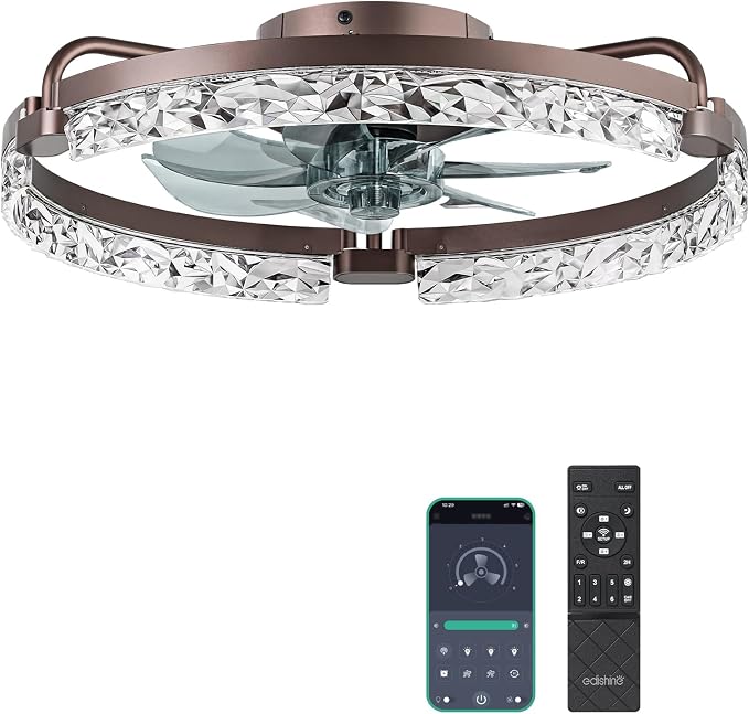 EDISHINE 20'' Ceiling Fans with Lights and Remote, LED Low Profile Fan Light, 3000-6000K Dimmable, 6 Speeds Flush Mount Ceiling Fan, DC Motor, APP Control, Modern Fandelier for Bedroom, Brown