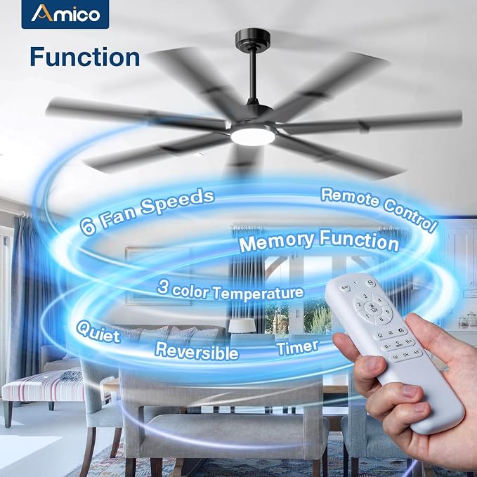 Amico Ceiling Fans with Lights,66 inch Black Ceiling fan with Light and Remote, 6 Speed Reversible DC Motor, 3CCT, Dimmable, Quiet, Timer, Large Modern Ceiling Fan for Living room, Indoor/Outdoor