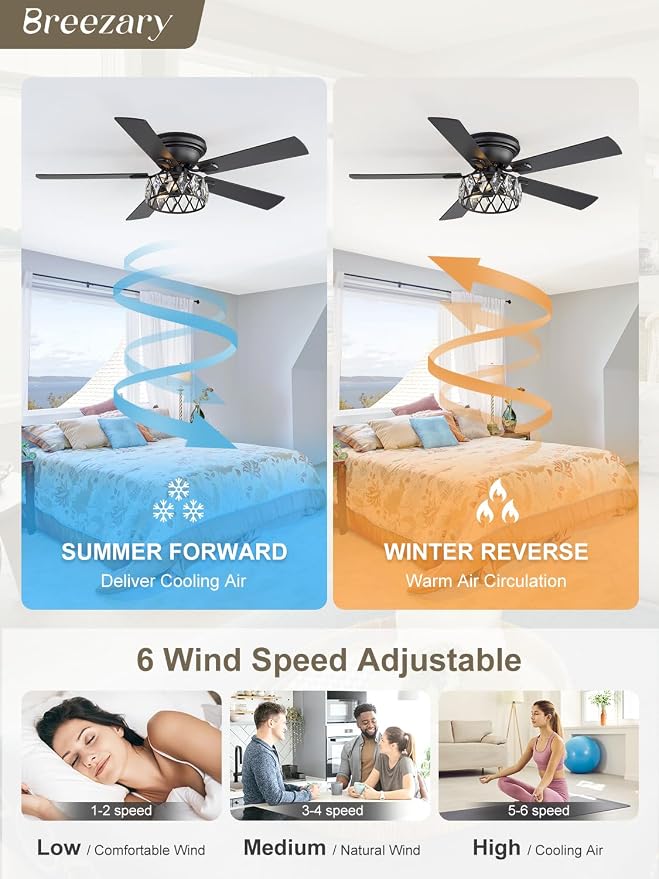 52 Inch Flush Mount Ceiling Fans with Lights and Remote, Double-Sided 5-Blade, 6-Speed Reversible DC Motor, Modern Low Profile Ceiling Fan Crystal Fandeliers for Bedroom Living Room Kitchen (Black)