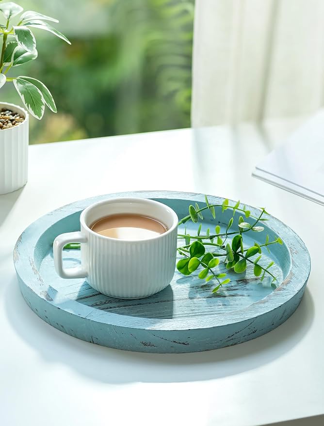 Hanobe Candle Plate Holder Tray: Round Wood Decorative Candle Plate - Rustic Farmhouse CoffeeTable Decor - Tealight Pillar Trays for Home Decor (Ocean Blue)