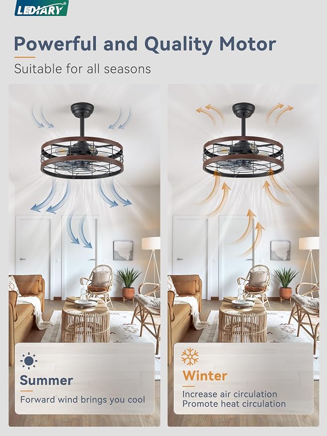 LEDIARY 20 inch Fandelier Caged Ceiling Fan with Light, Bladeless Ceiling Fan with Remote, Farmhouse Fan Lights Ceiling Fixtures for Kitchen, Bedroom, Outdoor(6 Speed, Timing) - Walnut