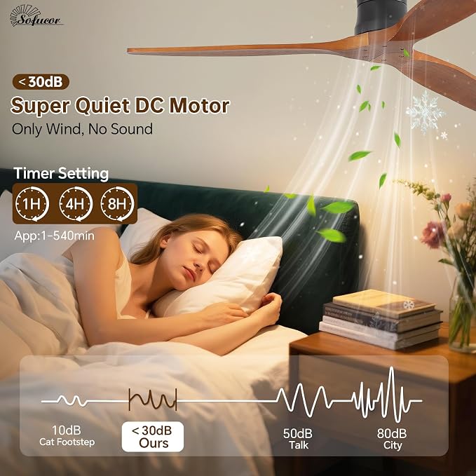 Sofucor 52" Smart Ceiling Fan No Light, Solid Wood Low Profile Ceiling Fan with Remote, Flush Mount Ceiling Fan Works with Alexa/Google/App 6-Speed Timing Reversible DC Motor for Living Room Bedroom