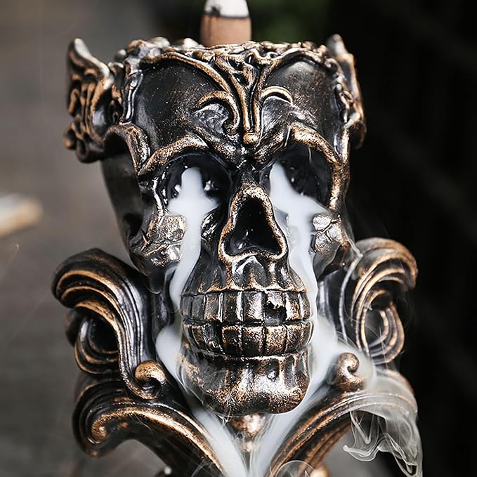 Comeon Backflow Incense Holder Burner Resin Skull Incense Burner Waterfall Incense Burner Home Decor + 20 Backflow Incense Cones + 30 Incense Sticks +1 Tweezer +1 Mat（Metallic Gold）