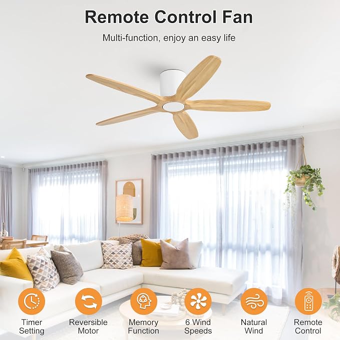 WINGBO 54" Flush Mount Ceiling Fan No Light - 5 Carved Solid Wood Blades, 6-Speed Reversible DC Motor, Dimmable, 3CCT, Low Profile Ceiling Fans without Lights for Bedroom Living Room, White and Oak