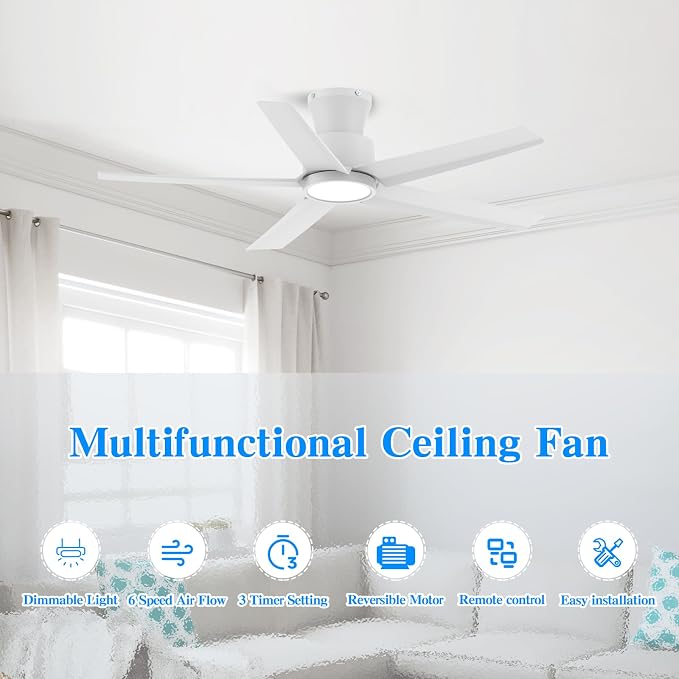 ocioc 44 Inch Ceiling Fans with Lights, Large Air Volume Ceiling Fan with Nightlight, Ultra Quiet Reversible DC Motor with Remote（White）