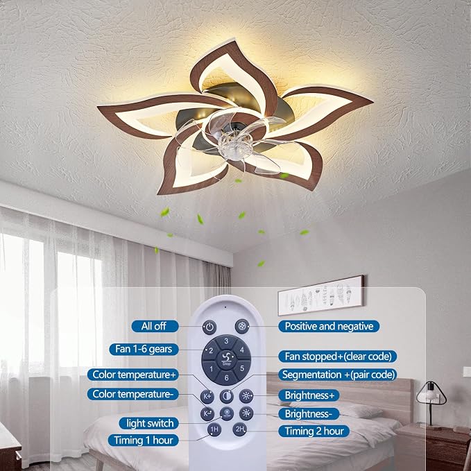 Dalouguan 24" Ceiling Fan with Lights Remote Control, Wooden Geometric 6 Speeds 3 Light Color Low Profile Flush Mount Ceiling Fan for Kitchen Bedroom