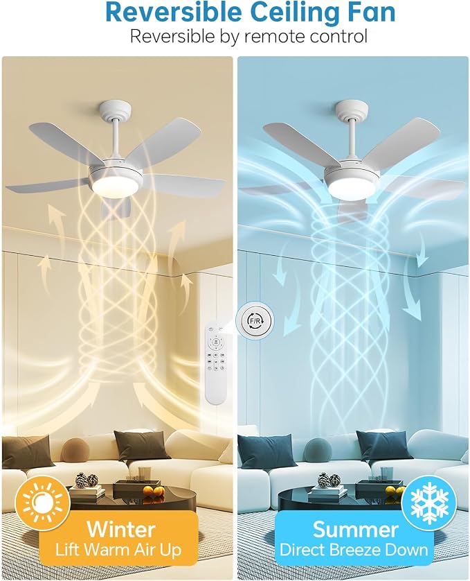 Sofucor 42 Inch Ceiling Fans with Lights-Modern White Small Bedroom Ceiling Fan with Remote Control,Plug-in Blades Quick Install,Quiet DC Motor,Outdoor 5 ABS Blades Ceiling Fan for Kitchen/Living Room
