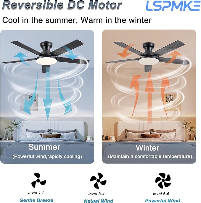 Ceiling Fans with Lights, 52 inch Flush Mount Ceiling fan with Remote Control/APP, Low Profile Ceiling Fan with 5 Blade Reversible, 3CCT, Dimmable, Modern Fan Light for Bedroom, Living Room
