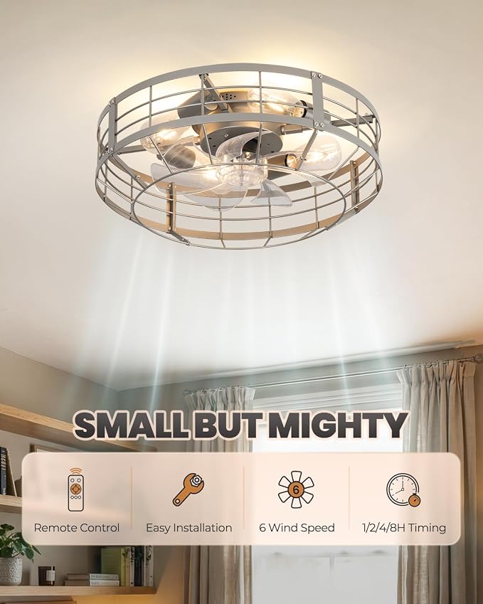 20 Inch Caged Ceiling Fan with Lights, Remote Control Flush Mount Fan Lights Ceiling Fixtures, E26 Base 6 Speeds Bladeless Ceiling Fans with Lights for Indoor House Kitchen Bedroom, Silver