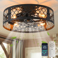 Garwarm 20in Caged Ceiling Fan with Light,Bladeless Black Fandelier Ceiling Fan with Remote,Industrial Farmhouse Flush Mount Ceiling Fans Light Fixtures for Kitchen,Bedroom,Living room（6 Speed,Timing）
