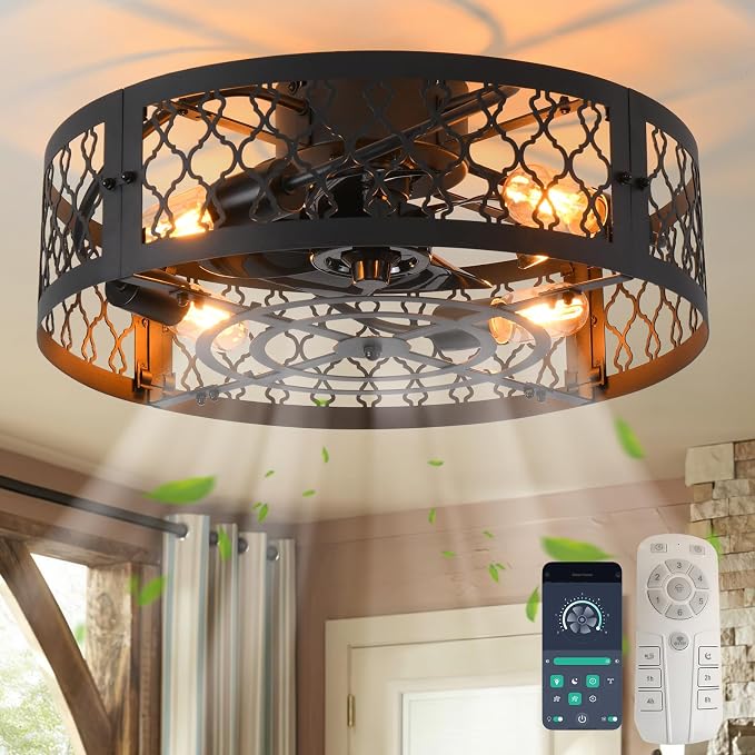 Garwarm 20in Caged Ceiling Fan with Light,Bladeless Black Fandelier Ceiling Fan with Remote,Industrial Farmhouse Flush Mount Ceiling Fans Light Fixtures for Kitchen,Bedroom,Living room（6 Speed,Timing）