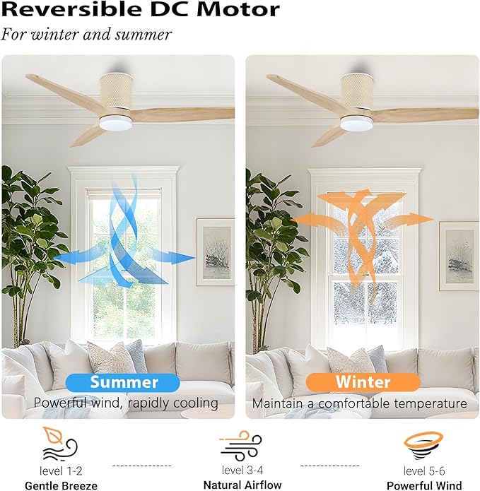 LEDLUX 52" Ceiling Fan with Light - Low Profile Flush Mount Ceiling Fan, 6-Speed Remote Control, Solid Wood, Quiet Reversible DC Motor, Boho Style, for Bedroom, Living Room, Porch, Light Oak/White