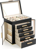 Homeanda 6-Layer Jewelry Boxes for Women, Large PU Leather Storage Organizer with 5 Drawers Glass Lid Case for Rings Necklaces Earrings Bracelets Watches, Gift for Wife and Girls (Black)