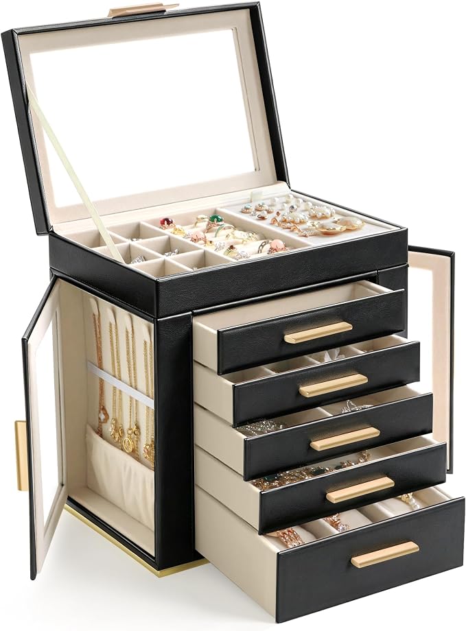 Homeanda 6-Layer Jewelry Boxes for Women, Large PU Leather Storage Organizer with 5 Drawers Glass Lid Case for Rings Necklaces Earrings Bracelets Watches, Gift for Wife and Girls (Black)