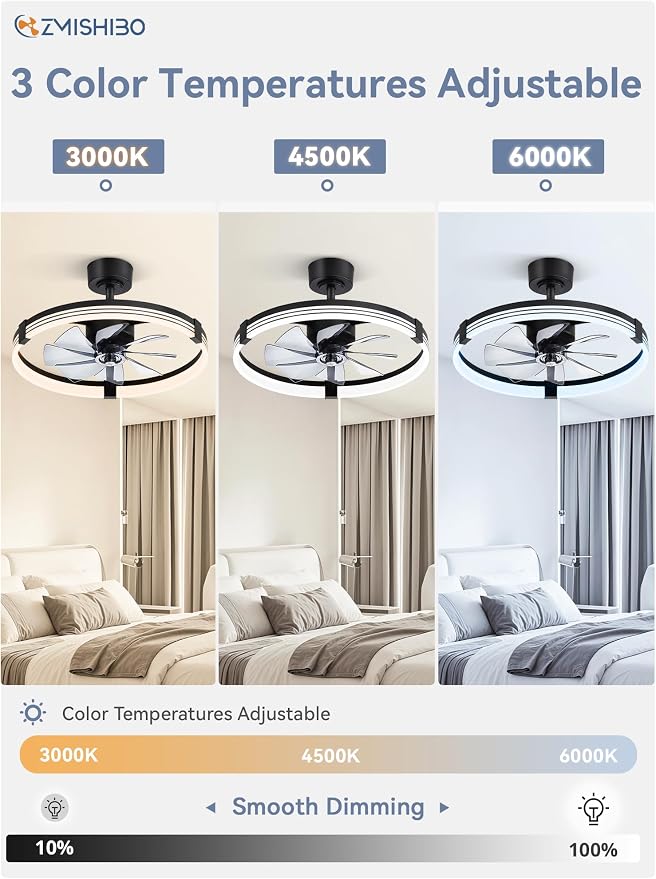 ZMISHIBO 23" Ceiling Fans with Lights and Remote, Low Profile Ceiling Fan with Light, 3 CCT, Stepless Dimmable, 6 Speeds, Noiseless, App & Remote Control, Black Fan Light for Bedroom, Living Room