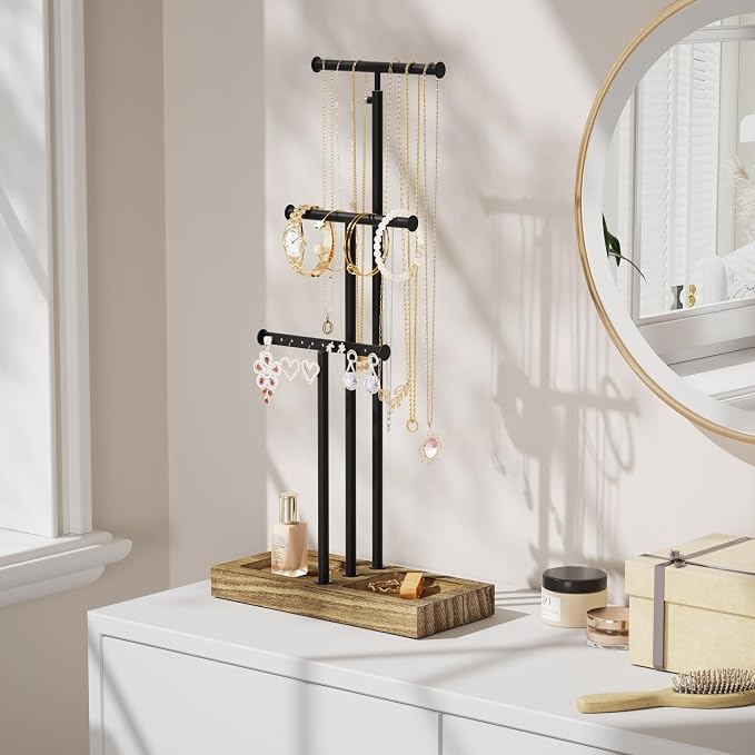 Love-KANKEI Jewelry Organizer 3-Tier,Adjustable Height,Carbonized Black | Metal Rod,Solid Wood Base,Easy to Install,Tree Style,Display Long Necklaces,Bracelets,Earrings,Rings,Watches,Bangles,Gift