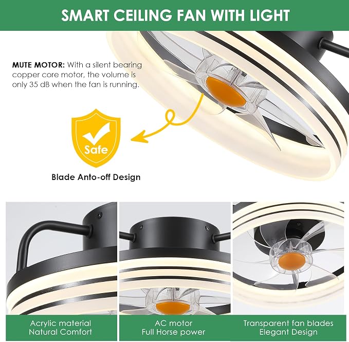 Mpayel Ceiling Fans with Lights and Remote - Flush Mount Low Profile Ceiling Fans - 13” Bladeless Enclosed Ceiling Fans with Led Light and Stepless Dimming, Small Modern Ceiling Fan for Bedroom