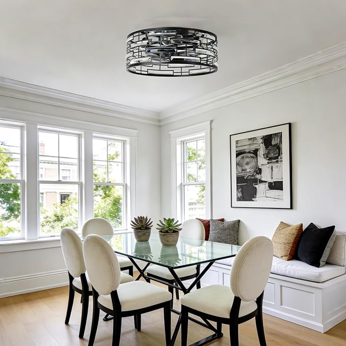 Crystal Caged Ceiling Fans Lights: 18.9'' Flush Mount Fandelier Farmhouse with Remote, 6 Speeds, Black Industrial Chandelier Low Profile Ventilador de Techo for Bedroom Kitchen Living Dining Room
