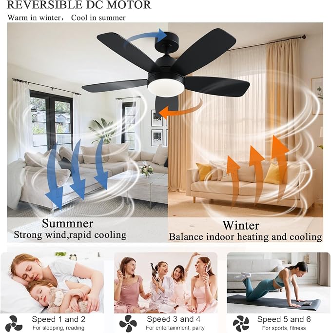 GJeg Ceiling Fans with Lights, 42 Inch Low Profile Ceiling Fan with Lights and Remote Control, LED Dimmable DC Reversible, 8 Speed, Noiseless, Modern Black Ceiling Fan for Bedroom, Indoor/Outdoor Use