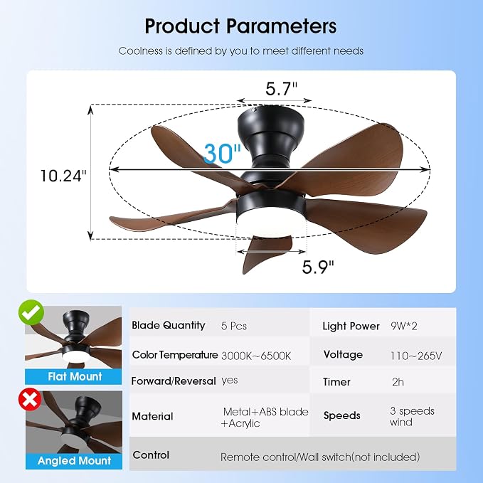 Kviflon Ceiling Fans with Lights and Remote/APP Control, 30 inch Low Profile Ceiling Fans with 5 Reversible Blades 3 Colors Dimmable 6 Speeds Ceiling Fan for Bedroom Dining Room, Wood Color