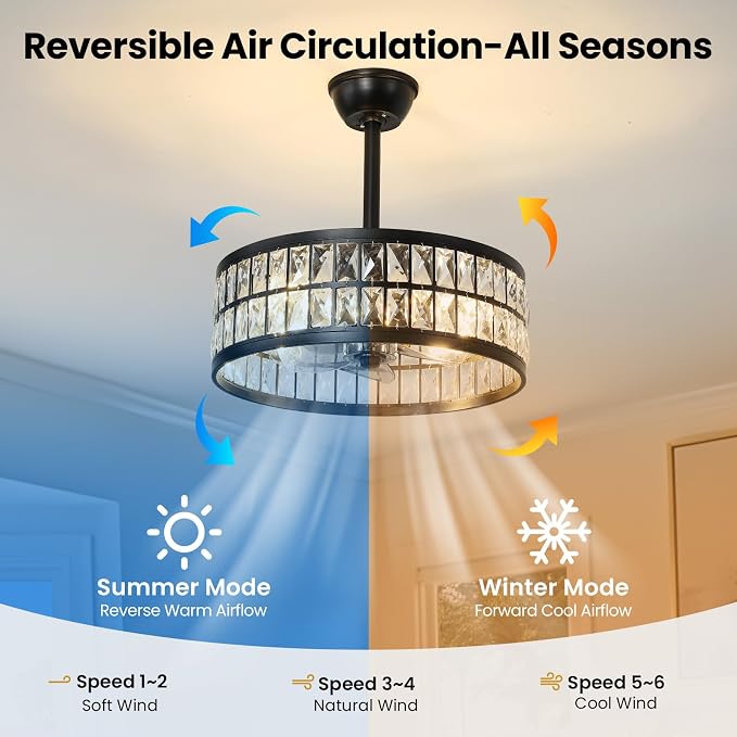 Crystal Caged Ceiling Fan Light: 18.9" Semi Flush Mount Fandelier Ceiling Fan Lights with Remote/Reversible 6 Speeds/Timer/DC Motor Low Profile Chandelier Ventilador de Techo for Bedroom Living Room
