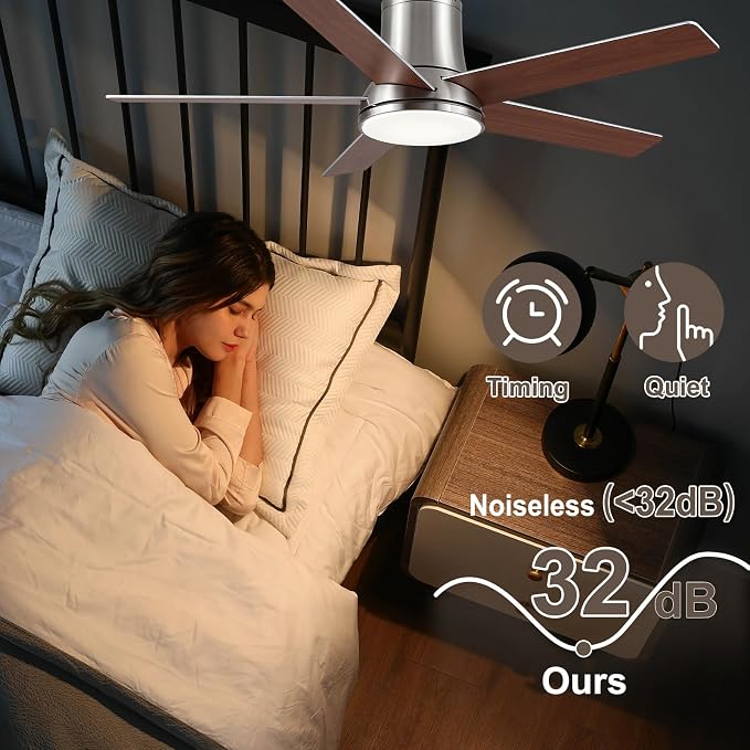 52 Inch Pro Flush Mount Ceiling Fans with Lights and Remote | 3CCT Dimmable LED, 6 Speed, Quiet DC Motor, 3-Level Timer Function, Forward/Reserve For all Seasons, Indoor/Covered Outdoor