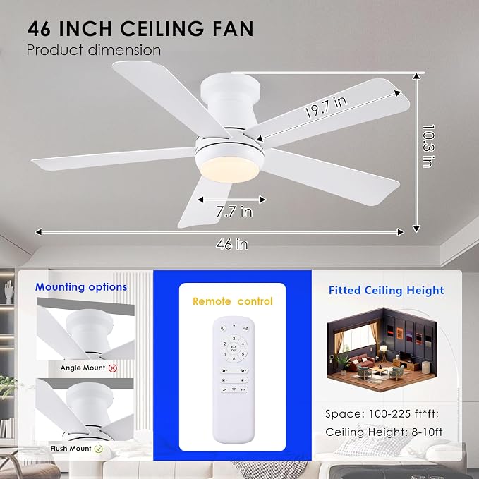 Hounberi 46 Inch Low Profile Ceiling Fan with Light, Modern Flush Mount Ceiling Fans for Low Ceilings, Quiet DC Motor Bedroom Fan, 3CCT Dimmable, Reversible Blades, High Airflow, Energy Saving, White