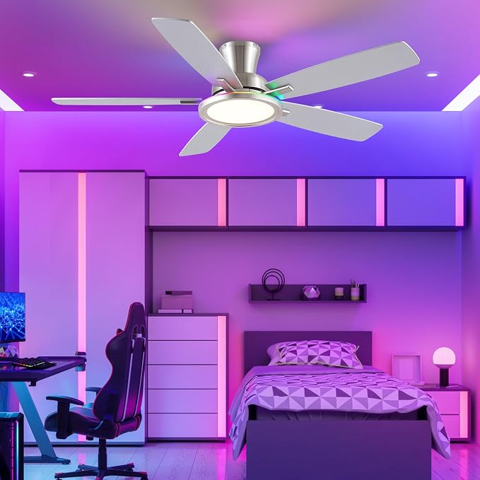 BYKISTOK 52" RGB Ceiling Fan with Light and Remote/App - Flush Mount Ceiling Fan Light with Reversible Mute Motor, RGB Ring, 5 Dual-Sided Blades, Low Profile Ceiling Fans for Indoor, Party